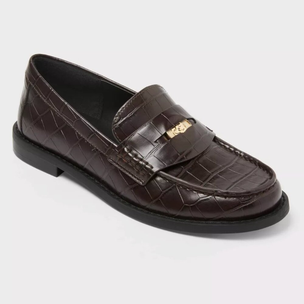 Target Women's Dark Brown Croc-Embossed Penny Loafers with Gold Accent
